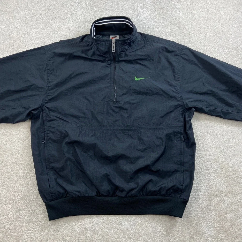 Vintage 90's Nike Windbreaker Pullover Men M Black Green Half Zip Spell Out